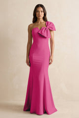 Bow Mermaid One Shoulder Bridesmaid Dress in Fuchsia - KISS BRIDAL Bridesmaid Dresses