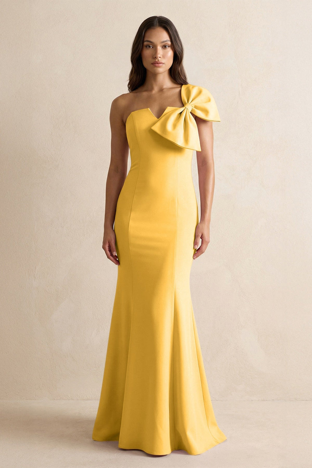 Bow Mermaid One Shoulder Bridesmaid Dress in Marigold - KISS BRIDAL Bridesmaid Dresses