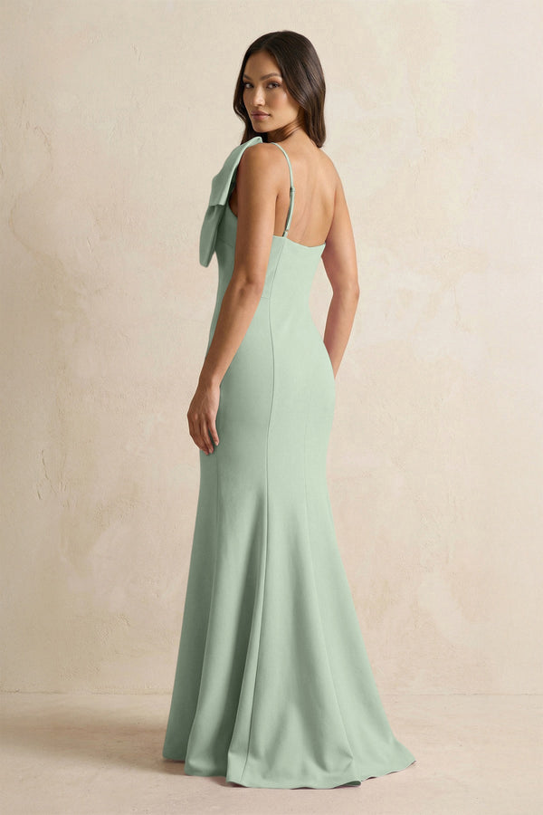 Bow Mermaid One Shoulder Bridesmaid Dress in Matcha - SHE IS ME Bridesmaid Dresses