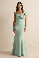Bow Mermaid One Shoulder Bridesmaid Dress in Matcha - KISS BRIDAL Bridesmaid Dresses