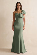 Bow Mermaid One Shoulder Bridesmaid Dress in Moss Green - KISS BRIDAL Bridesmaid Dresses