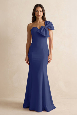 Bow Mermaid One Shoulder Bridesmaid Dress in Navy - SHE IS ME Bridesmaid Dresses