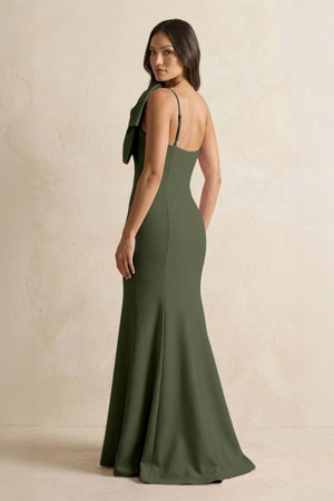 Bow Mermaid One Shoulder Bridesmaid Dress in Olive - SHE IS ME Bridesmaid Dresses