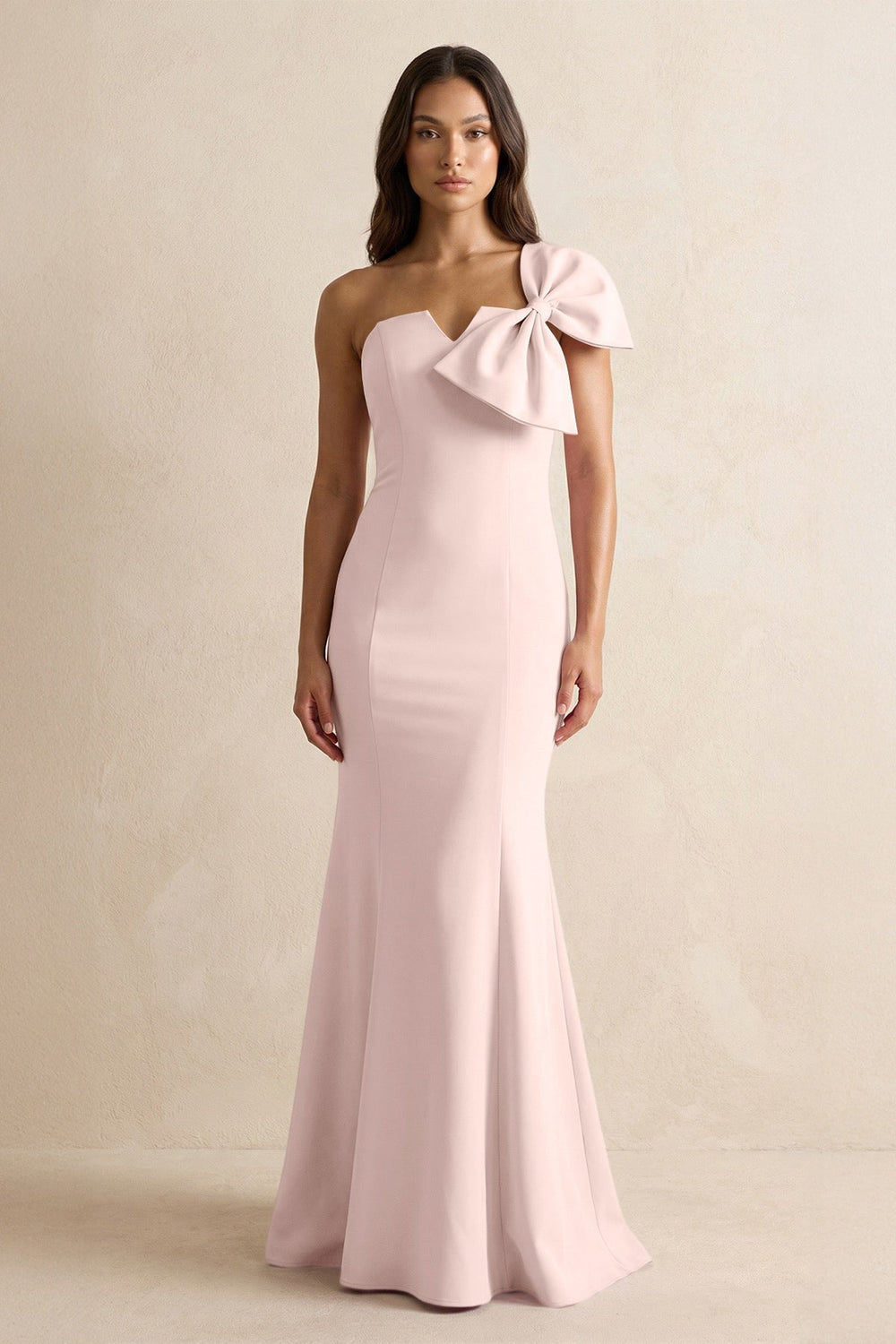 Bow Mermaid One Shoulder Bridesmaid Dress in Pale Blush - KISS BRIDAL Bridesmaid Dresses