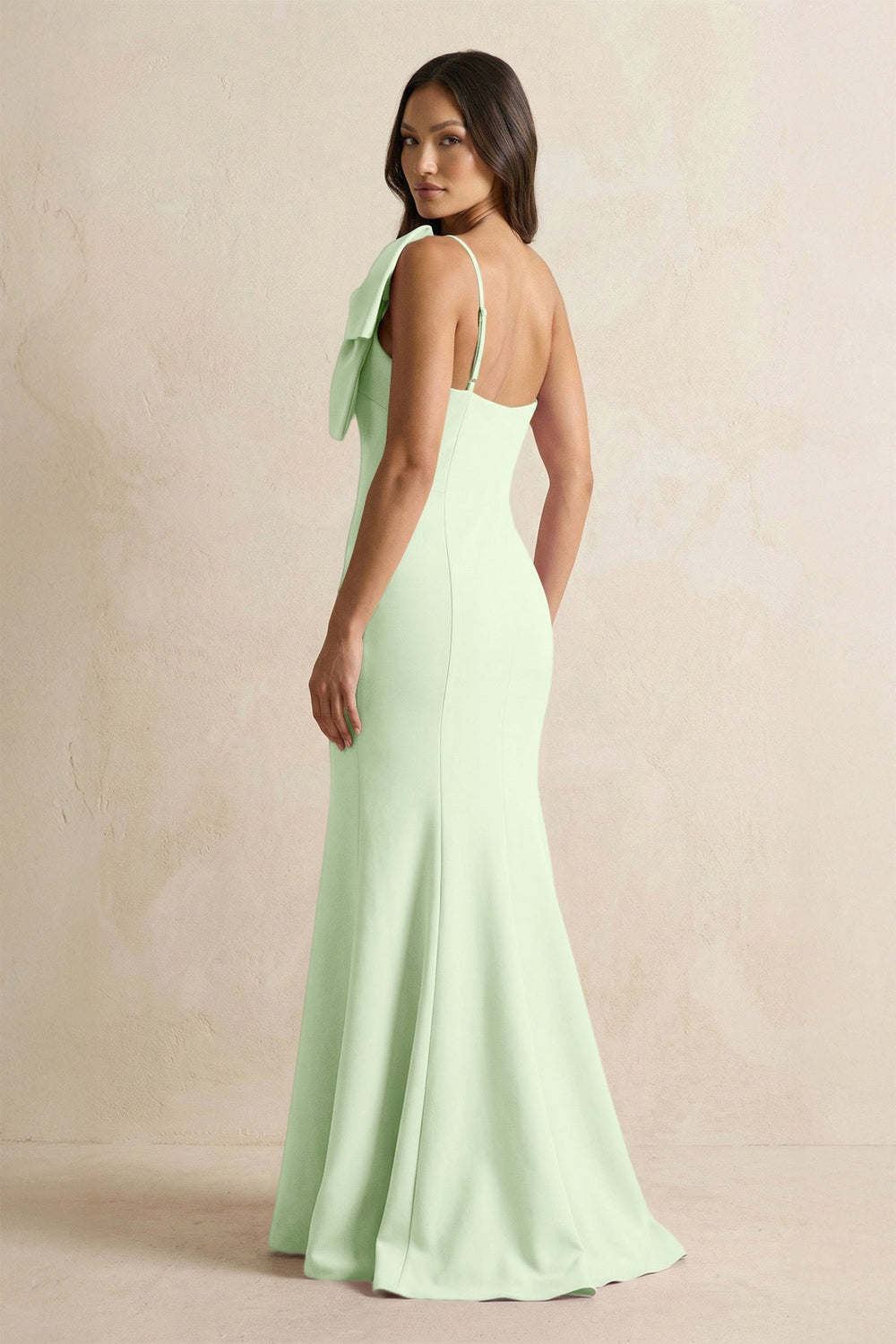 Bow Mermaid One Shoulder Bridesmaid Dress in Pale Pistachio - KISS BRIDAL Bridesmaid Dresses