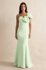 Bow Mermaid One Shoulder Bridesmaid Dress in Pale Pistachio - KISS BRIDAL Bridesmaid Dresses