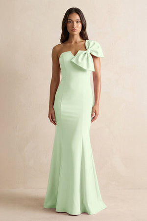 Bow Mermaid One Shoulder Bridesmaid Dress in Pale Pistachio - KISS BRIDAL Bridesmaid Dresses