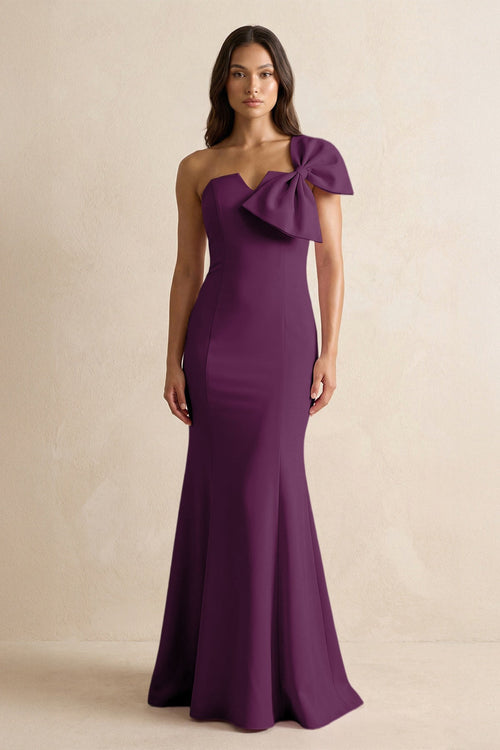 Bow Mermaid One Shoulder Bridesmaid Dress in Plum - SHE IS ME Bridesmaid Dresses