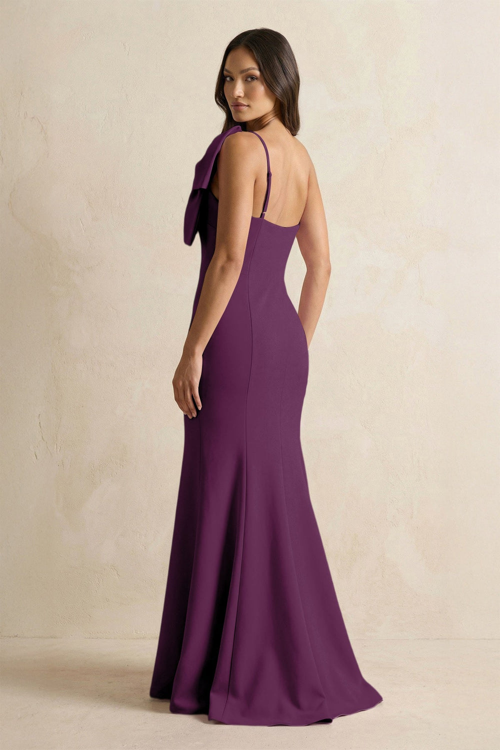 Bow Mermaid One Shoulder Bridesmaid Dress in Plum - KISS BRIDAL Bridesmaid Dresses