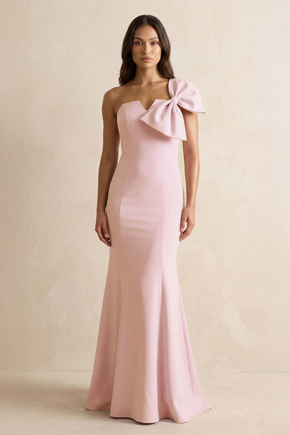 Bow Mermaid One Shoulder Bridesmaid Dress in Rose Petal - SHE IS ME Bridesmaid Dresses