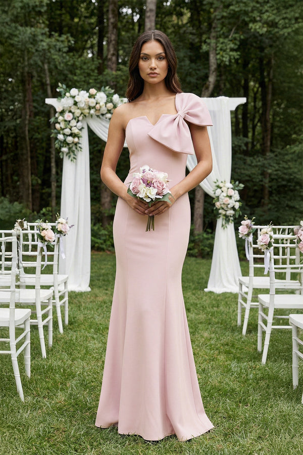 Bow Mermaid One Shoulder Bridesmaid Dress in Rose Petal - SHE IS ME Bridesmaid Dresses