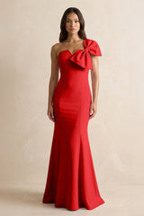 Bow Mermaid One Shoulder Bridesmaid Dress in Ruby Red - KISS BRIDAL Bridesmaid Dresses
