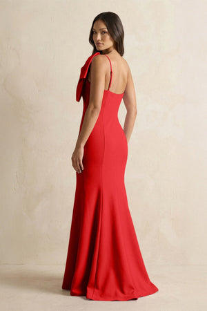 Bow Mermaid One Shoulder Bridesmaid Dress in Ruby Red - KISS BRIDAL Bridesmaid Dresses