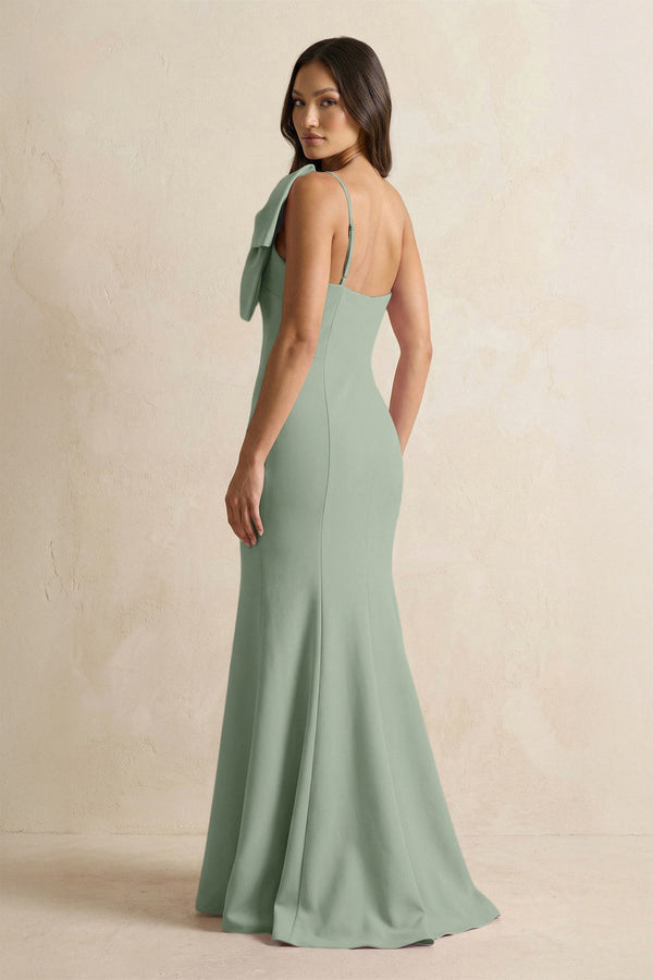 Bow Mermaid One Shoulder Bridesmaid Dress in Sage - SHE IS ME Bridesmaid Dresses