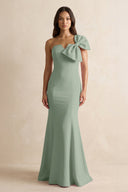 Bow Mermaid One Shoulder Bridesmaid Dress in Sage - SHE IS ME Bridesmaid Dresses