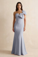 Bow Mermaid One Shoulder Bridesmaid Dress in Silver - SHE IS ME Bridesmaid Dresses
