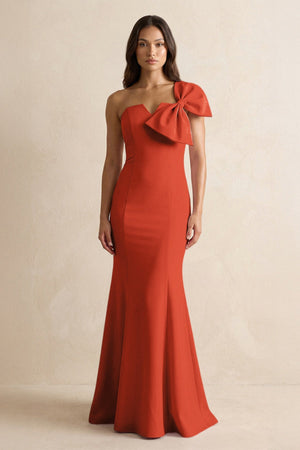 Bow Mermaid One Shoulder Bridesmaid Dress in Spice - SHE IS ME Bridesmaid Dresses