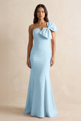 Bow Mermaid One Shoulder Bridesmaid Dress in Steel Blue - KISS BRIDAL Bridesmaid Dresses