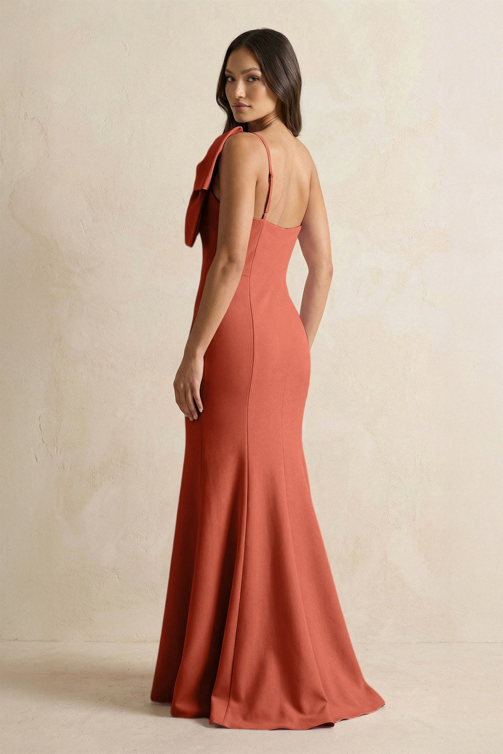 Bow Mermaid One Shoulder Bridesmaid Dress in Terracotta - KISS BRIDAL Bridesmaid Dresses