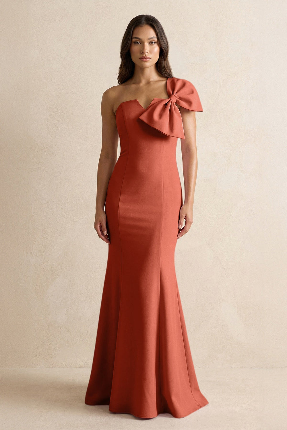 Bow Mermaid One Shoulder Bridesmaid Dress in Terracotta - KISS BRIDAL Bridesmaid Dresses