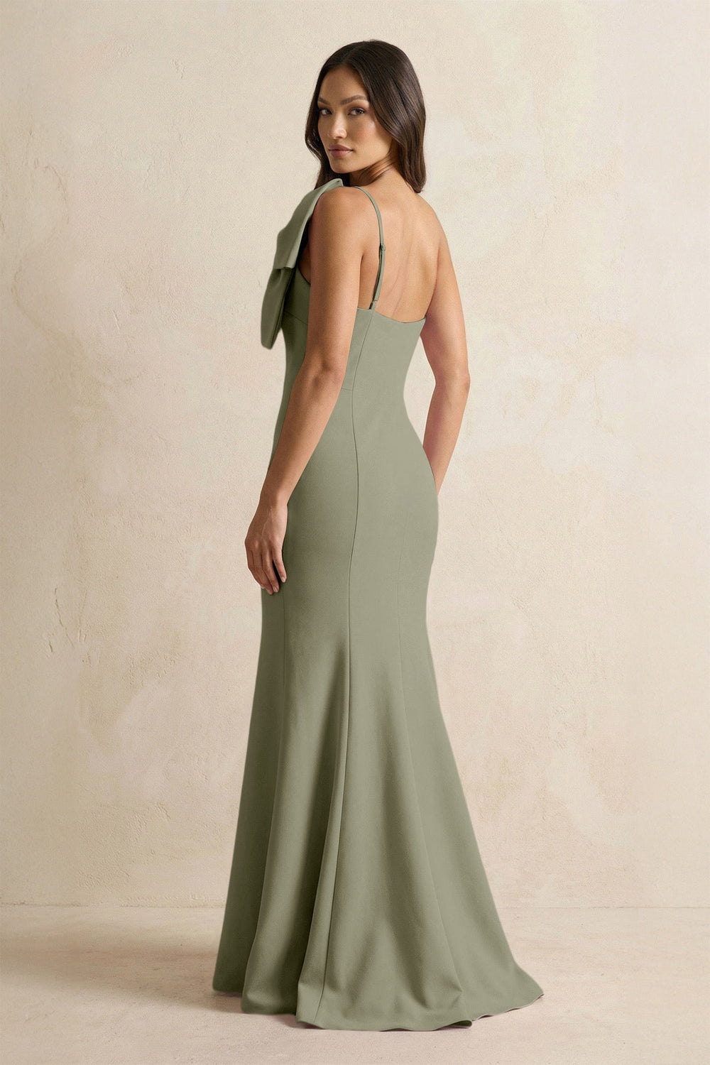 Bow Mermaid One Shoulder Bridesmaid Dress in Thyme - KISS BRIDAL Bridesmaid Dresses