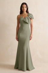 Bow Mermaid One Shoulder Bridesmaid Dress in Thyme - KISS BRIDAL Bridesmaid Dresses