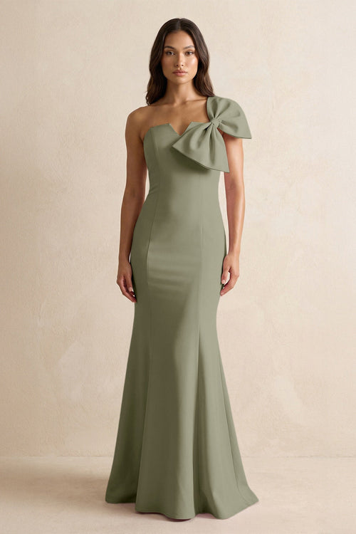 Bow Mermaid One Shoulder Bridesmaid Dress in Thyme - KISS BRIDAL Bridesmaid Dresses
