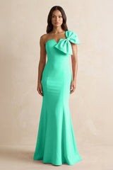 Bow Mermaid One Shoulder Bridesmaid Dress in Turquoise - KISS BRIDAL Bridesmaid Dresses