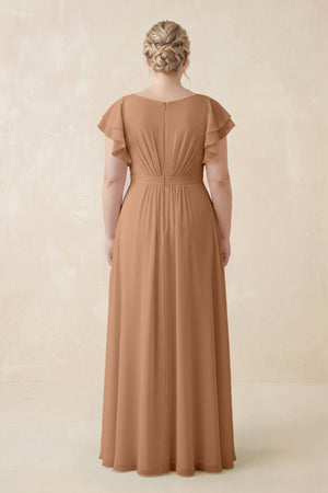 Bronzer Cap Sleeve Ruffled A-Line Chiffon Bridesmaid Dress (2) [sizeplus]  | KISSBRIDAL