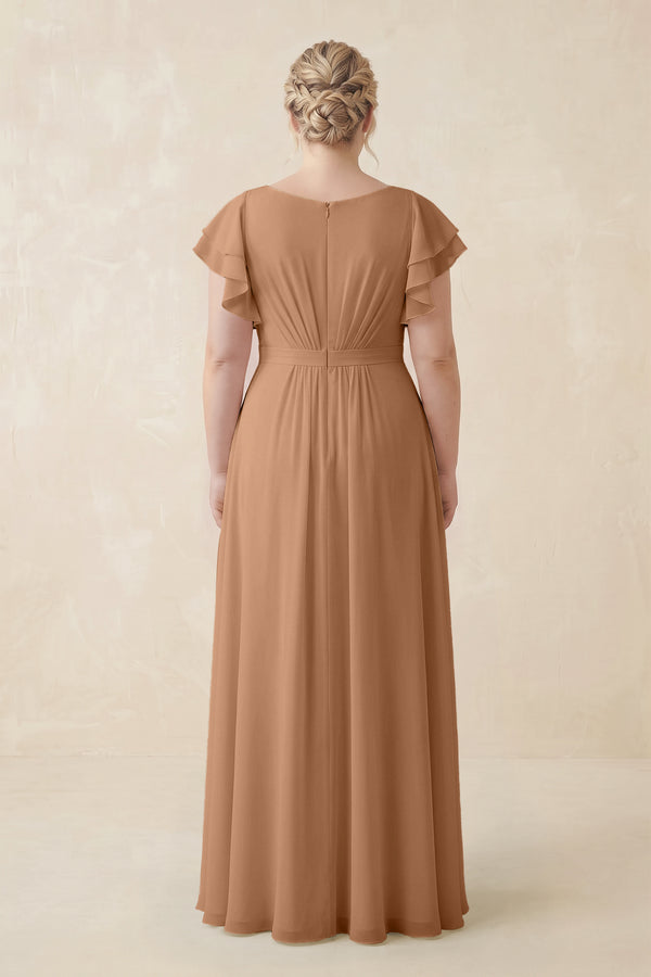 Bronzer Cap Sleeve Ruffled A-Line Chiffon Bridesmaid Dress (2) [sizeplus]  | KISSBRIDAL