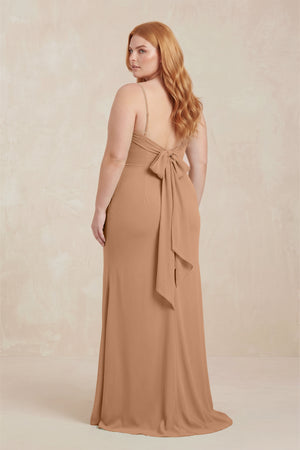 Bronzer Cowl Neck Sheath Chiffon Bridesmaid Dress with Corset (2) | KISSBRIDAL