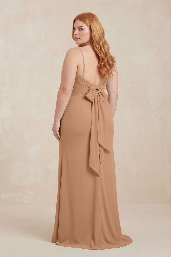 Bronzer Cowl Neck Sheath Chiffon Bridesmaid Dress with Corset (2) | KISSBRIDAL