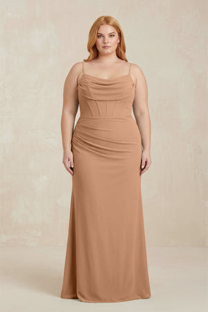 Bronzer Cowl Neck Sheath Chiffon Bridesmaid Dress with Corset | KISSBRIDAL