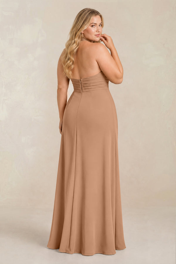 Bronzer High Neck Chiffon Sheath Ruched Bridesmaid Dress (2) [sizeplus] | KISSBRIDAL