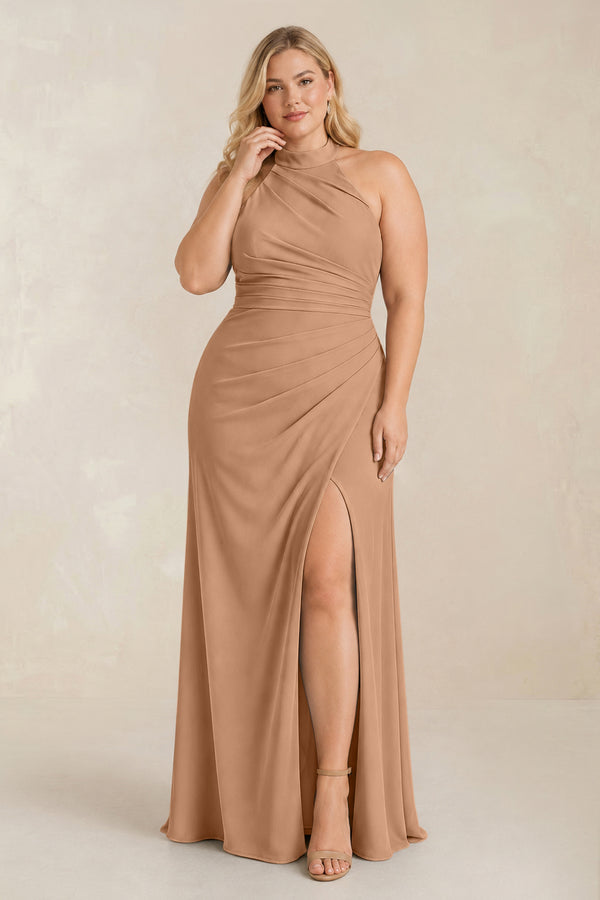 Bronzer High Neck Chiffon Sheath Ruched Bridesmaid Dress [sizeplus] | KISSBRIDAL