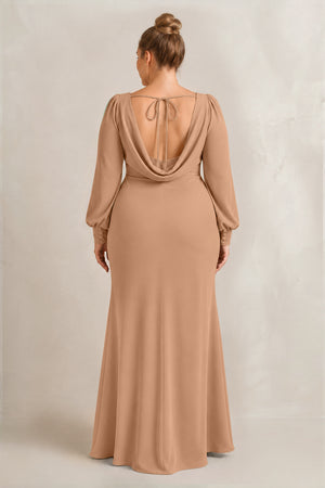 Bronzer Long Sleeve V-Neck Sheath Chiffon Bridesmaid Dress (2) [sizeplus] | KISSBRIDAL