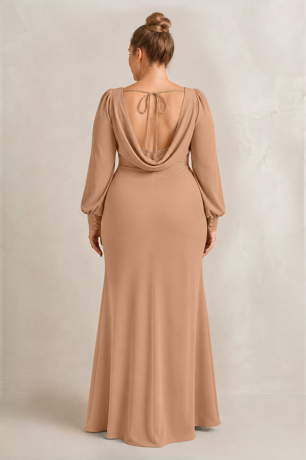 Bronzer Long Sleeve V-Neck Sheath Chiffon Bridesmaid Dress (2) [sizeplus] | KISSBRIDAL