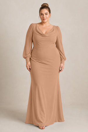 Bronzer Long Sleeve V-Neck Sheath Chiffon Bridesmaid Dress [sizeplus] | KISSBRIDAL