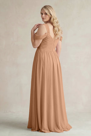 Bronzer Off-the-Shoulder A-Line Chiffon Bridesmaid Dress With Slit (2) | KISSBRIDAL