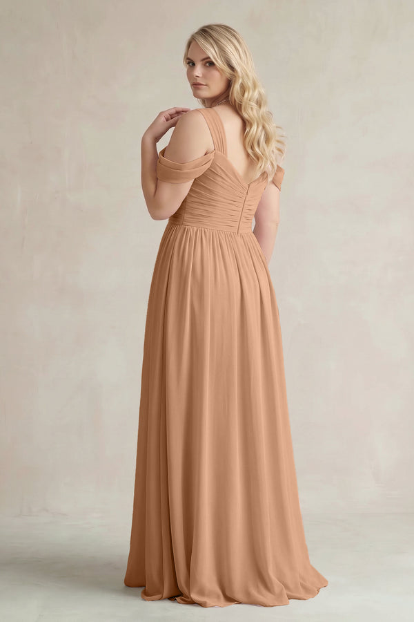 Bronzer Off-the-Shoulder A-Line Chiffon Bridesmaid Dress With Slit (2) | KISSBRIDAL