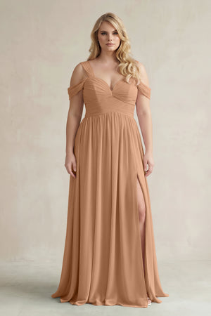 Bronzer Off-the-Shoulder A-Line Chiffon Bridesmaid Dress With Slit | KISSBRIDAL
