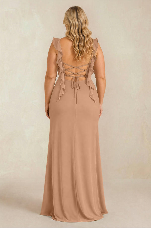 Bronzer Ruffled Sleeve Ruched Sheath Chiffon Bridesmaid Dress (2) [sizeplus] | KISSBRIDAL
