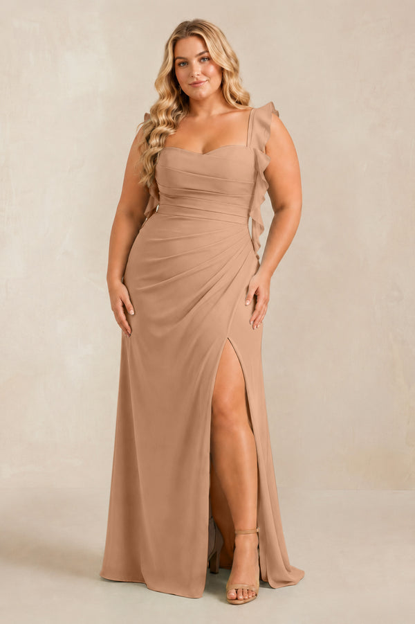 Bronzer Ruffled Sleeve Ruched Sheath Chiffon Bridesmaid Dress [sizeplus] | KISSBRIDAL