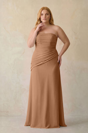 Bronzer Sheath Chiffon Strapless Pleated Bridesmaid Dress (3) | KISSBRIDAL[sizeplus]