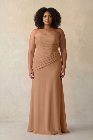 Bronzer Sheath Chiffon Strapless Pleated Bridesmaid Dress | KISSBRIDAL[sizeplus]