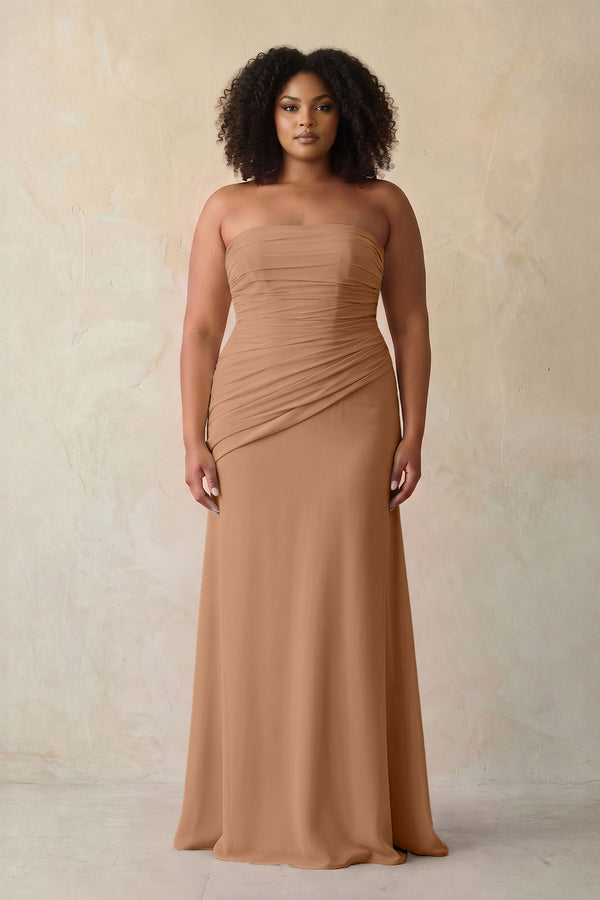 Bronzer Sheath Chiffon Strapless Pleated Bridesmaid Dress | KISSBRIDAL[sizeplus]