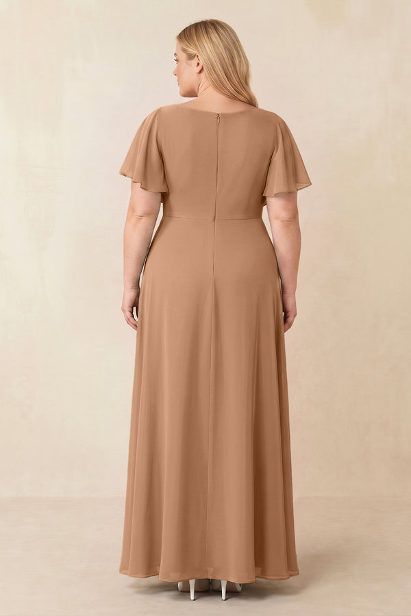 Bronzer Short Sleeves Bateau A-Line Chiffon Bridesmaid Dress (2) [sizeplus] | KISSBRIDAL