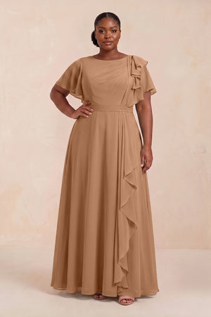 Bronzer Short Sleeves Bateau A-Line Chiffon Bridesmaid Dress (3) [sizeplus] | KISSBRIDAL