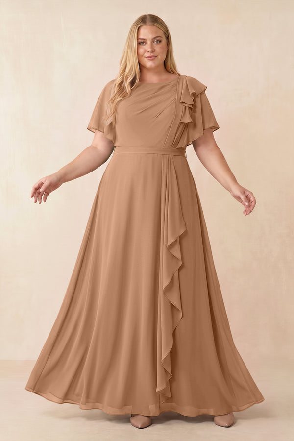 Bronzer Short Sleeves Bateau A-Line Chiffon Bridesmaid Dress [sizeplus] | KISSBRIDAL