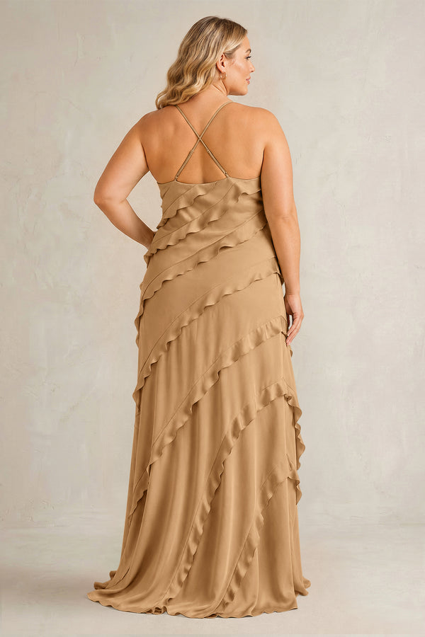 Bronzer Spaghetti Straps Sheath Stain Ruffled Bridesmaid Dress (2) | KISSBRIDAL[sizeplus]